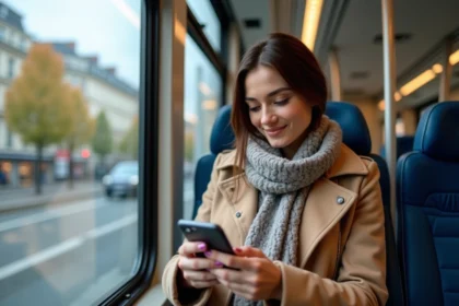 Jeune femme en tram à Grenoble souriante avec smartphone
