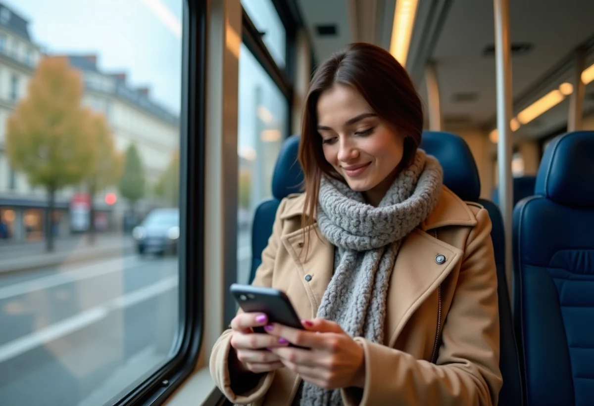 Jeune femme en tram à Grenoble souriante avec smartphone