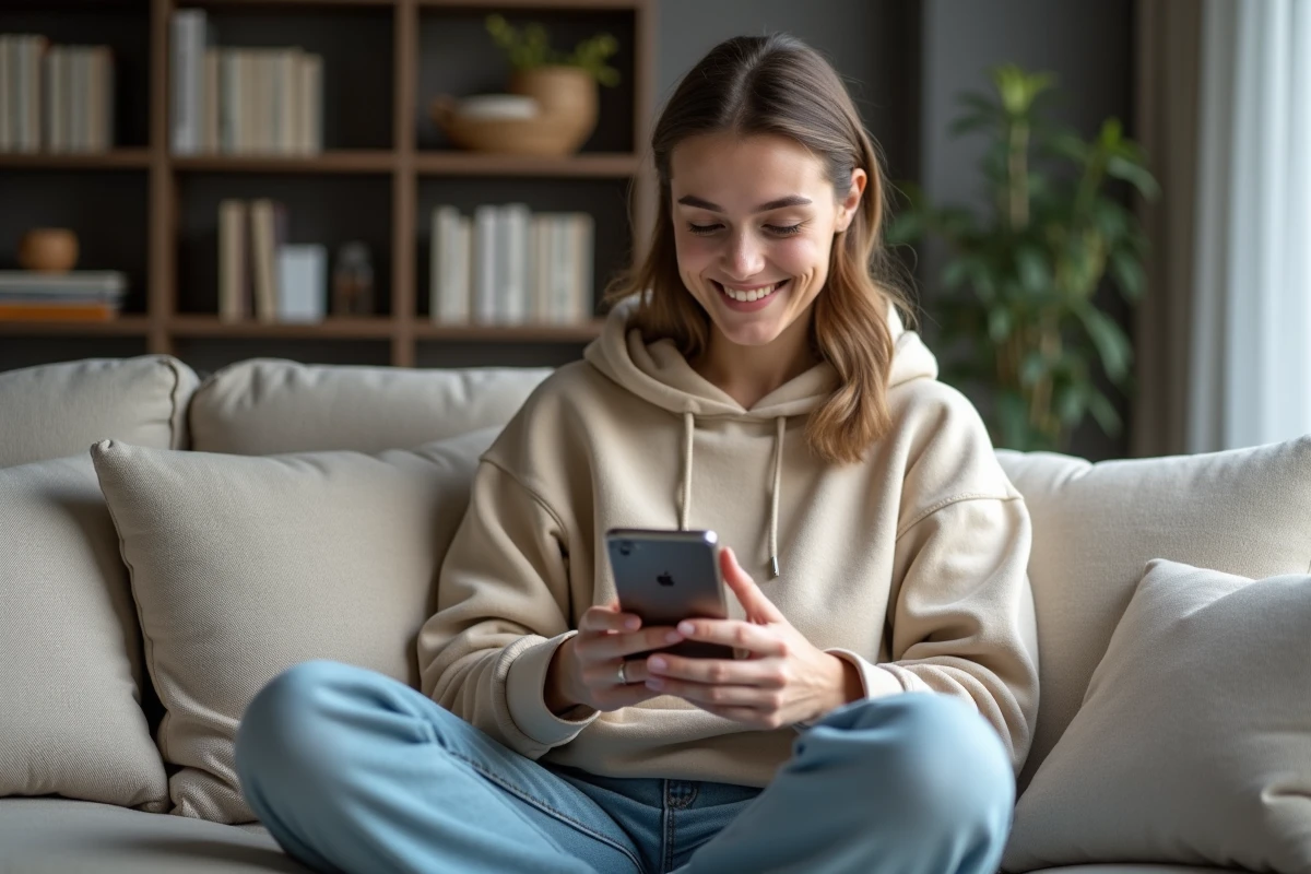 Femme détendue utilisant une application de gestion à son smartphone