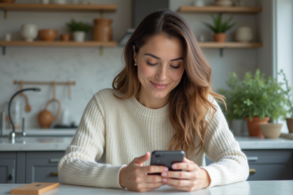 Femme assise à la cuisine avec smartphone et expression intriguée