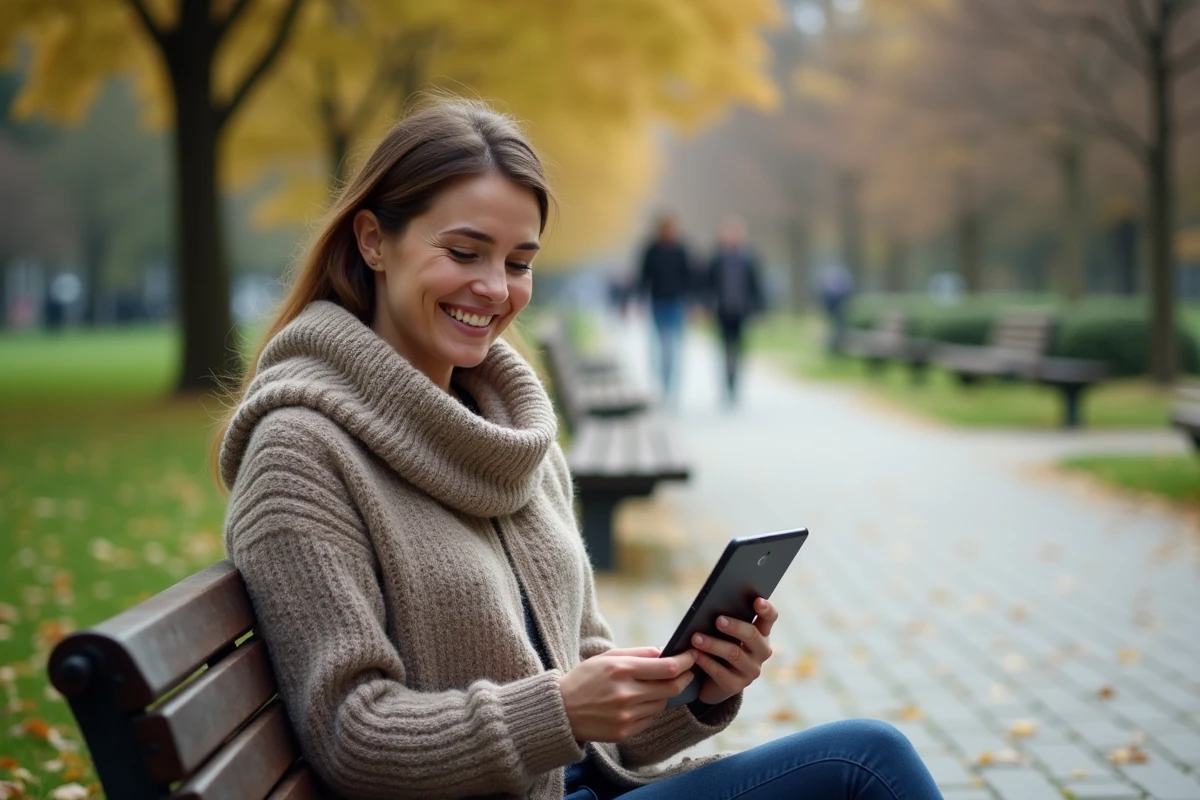 Femme souriante assise dans un parc utilisant une tablette