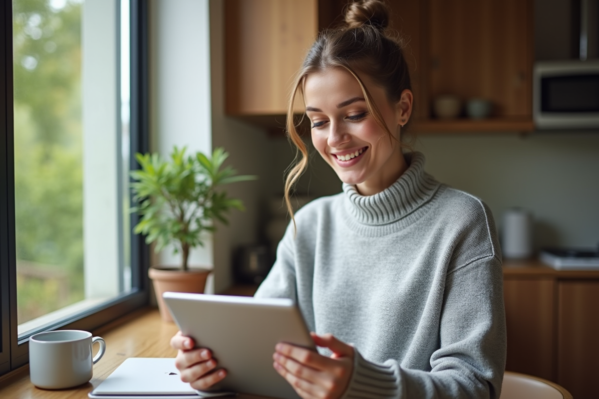 Femme souriante utilisant une tablette dans une cuisine chaleureuse