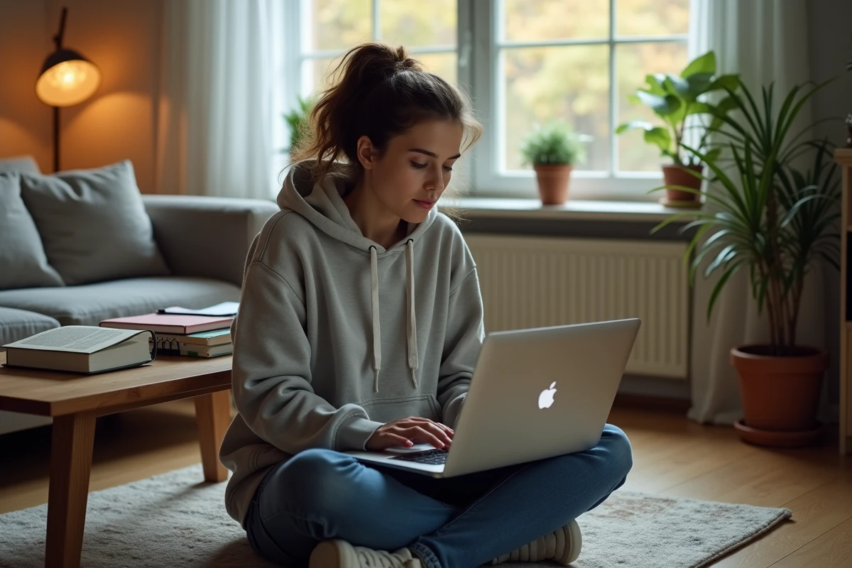 Jeune femme utilisant SSH sur son ordinateur dans un salon cosy