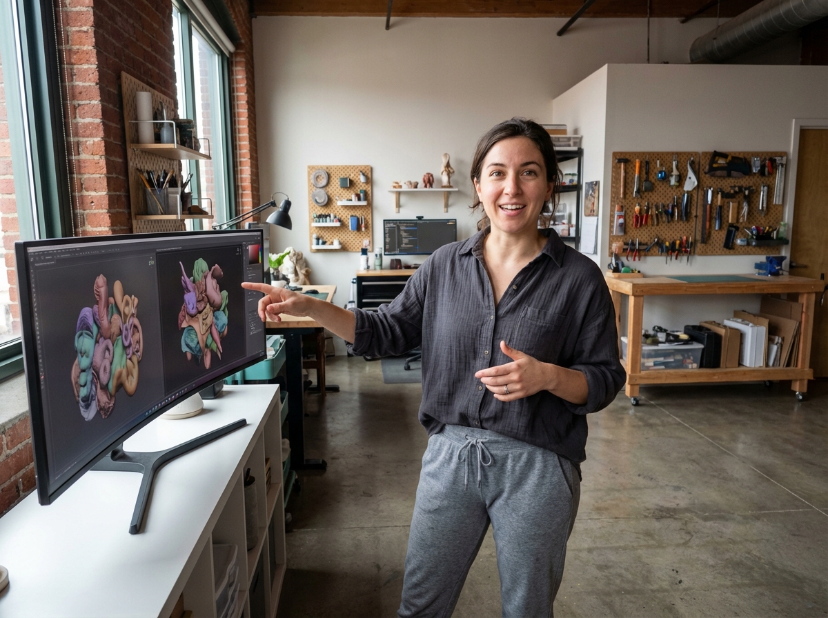 Femme en studio créatif expliquant sa sculpture 3D