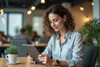 Femme en entreprise utilisant une tablette pour un sondage