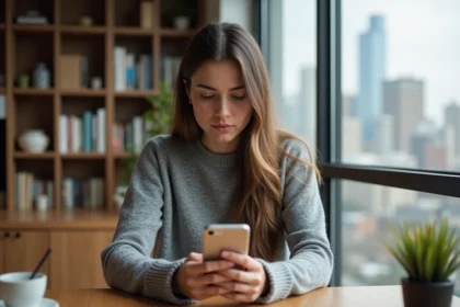Femme concentrée sur son iPhone dans un appartement moderne