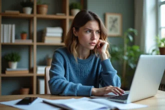 Femme pensante au bureau à domicile avec ordinateur