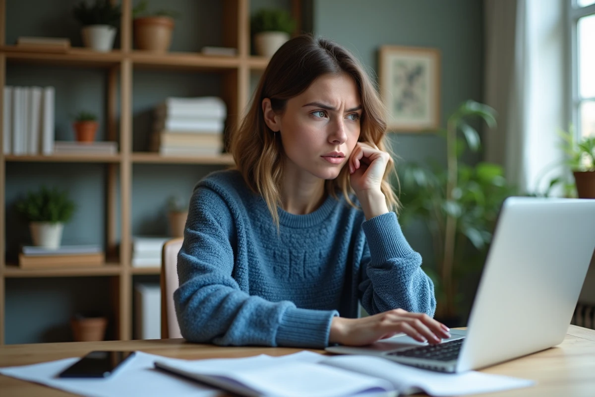 Femme pensante au bureau à domicile avec ordinateur