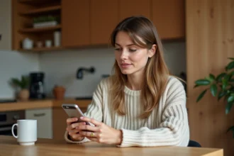 Femme utilisant WhatsApp pour envoyer un message vocal avec ChatGPT sur smartphone dans une cuisine moderne