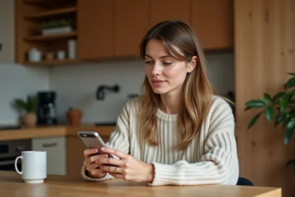 Femme utilisant WhatsApp pour envoyer un message vocal avec ChatGPT sur smartphone dans une cuisine moderne