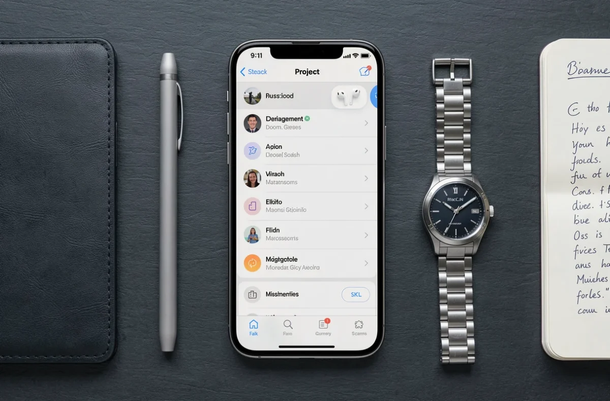 Accessoires professionnels et smartphone premium en flat lay pour illustrer la productivité mobile