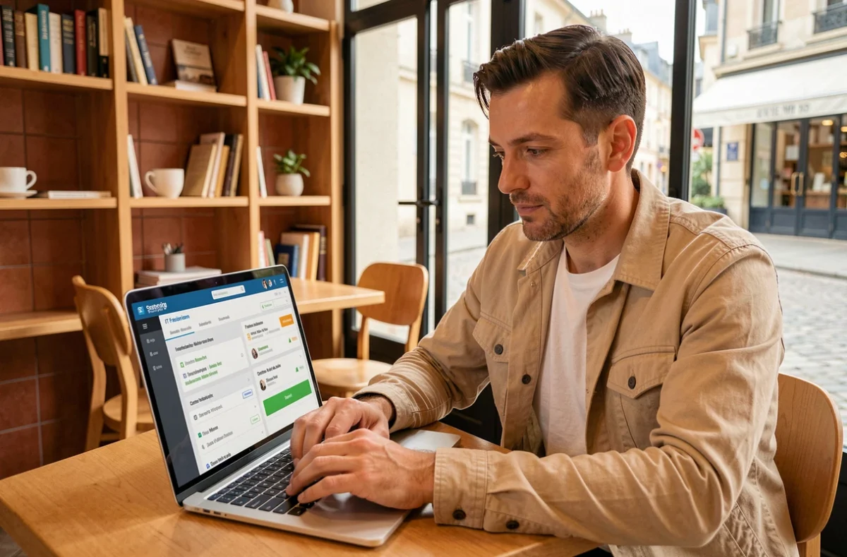 Professionnel consultant une plateforme de missions IT freelance sur un ordinateur portable dans un café en Centre-Val de Loire