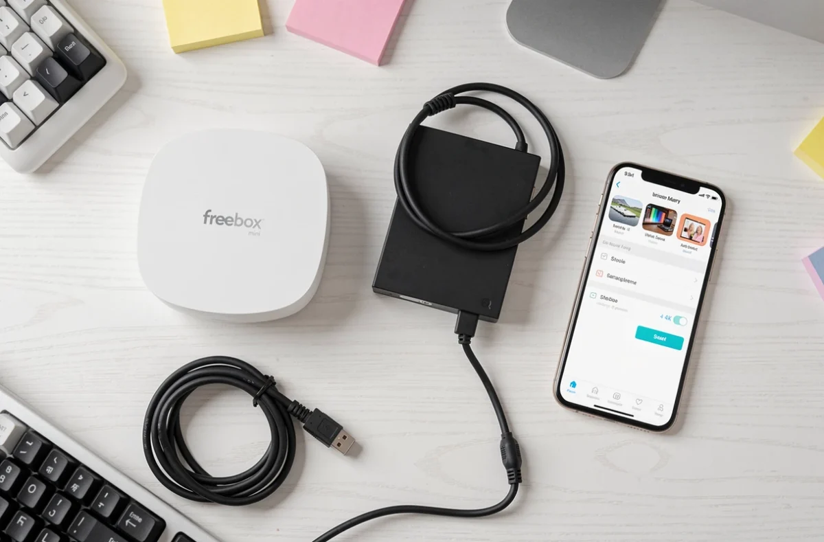 Vue aérienne d'une Freebox mini 4K avec disque dur USB et câble ethernet sur un bureau blanc