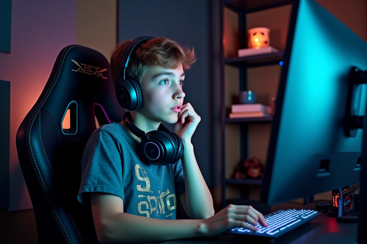 Adolescent gamer examinant des statistiques de ping et de latence serveur sur un écran incurvé dans sa chambre de gaming