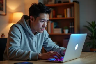 Jeune homme jouant à un jeu vidéo sur un MacBook Air M1 posé sur un bureau en bois dans un bureau à domicile moderne