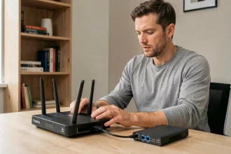 Homme gérant une Freebox Delta connectée à un disque dur externe dans un bureau à domicile moderne