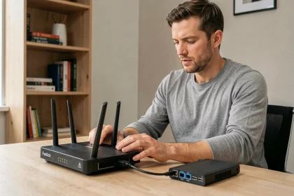 Homme gérant une Freebox Delta connectée à un disque dur externe dans un bureau à domicile moderne