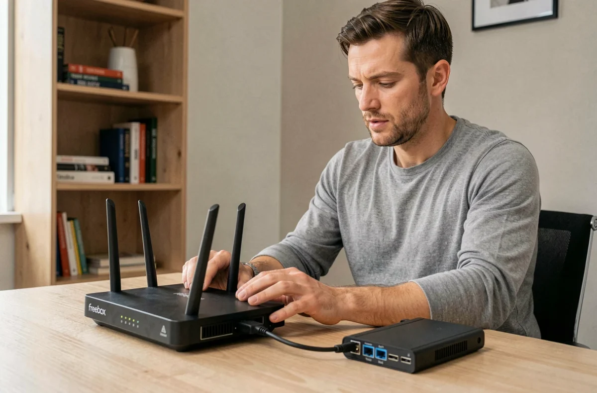 Homme gérant une Freebox Delta connectée à un disque dur externe dans un bureau à domicile moderne