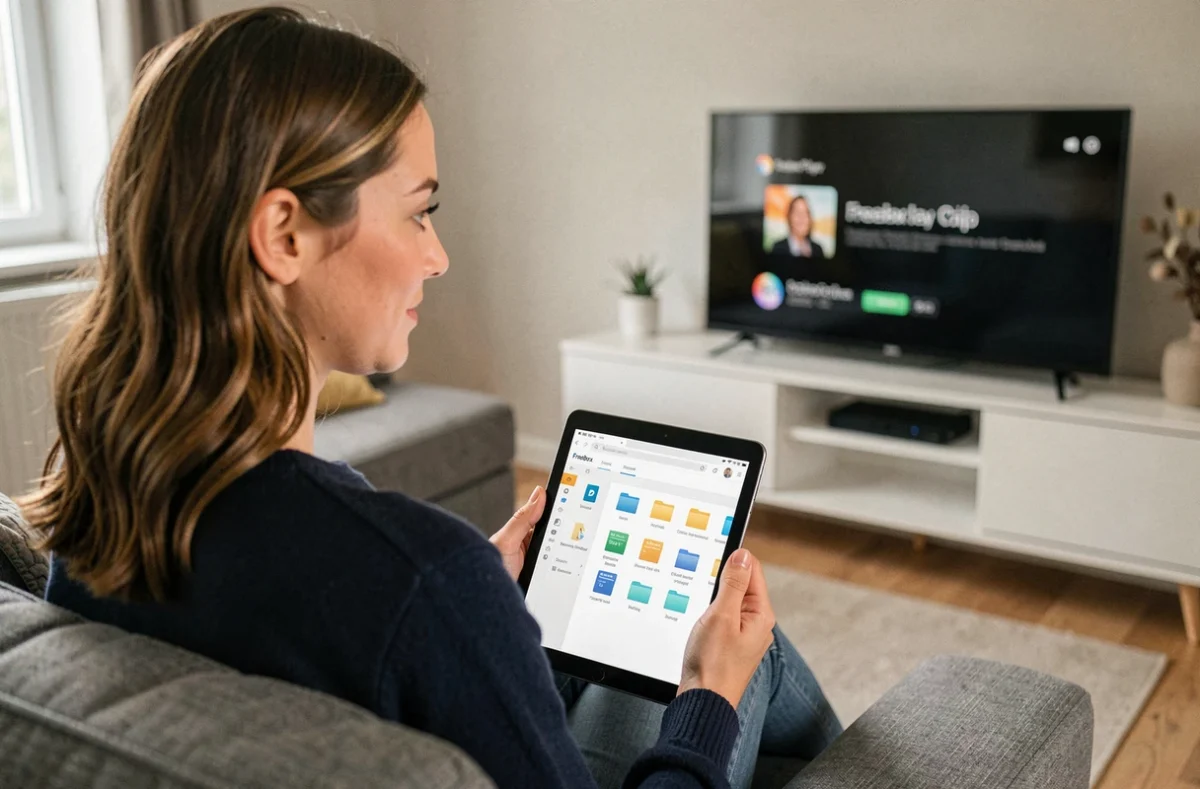 Femme utilisant une tablette pour gérer les téléchargements depuis une interface Freebox dans un salon