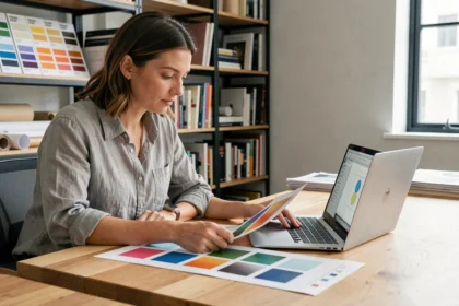 Graphiste professionnelle comparant des épreuves d'impression vectorielles sur son bureau en studio, entourée de nuanciers Pantone et fichiers SVG affichés à l'écran