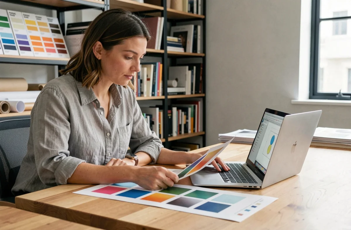 Graphiste professionnelle comparant des épreuves d'impression vectorielles sur son bureau en studio, entourée de nuanciers Pantone et fichiers SVG affichés à l'écran