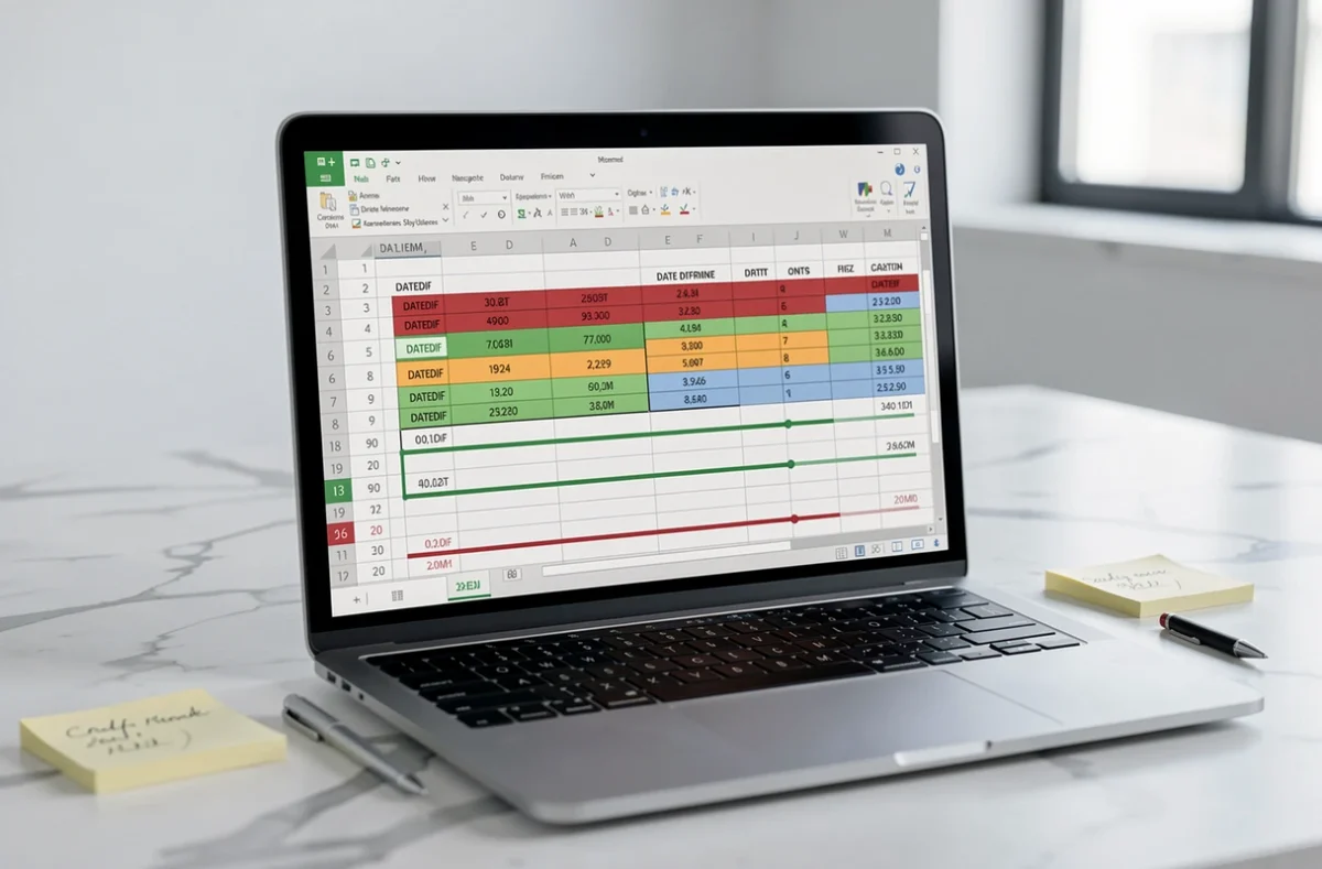 Gros plan sur un écran d'ordinateur portable affichant un tableau de bord Excel avec des colonnes de différences de dates colorées et des formules DATEDIF