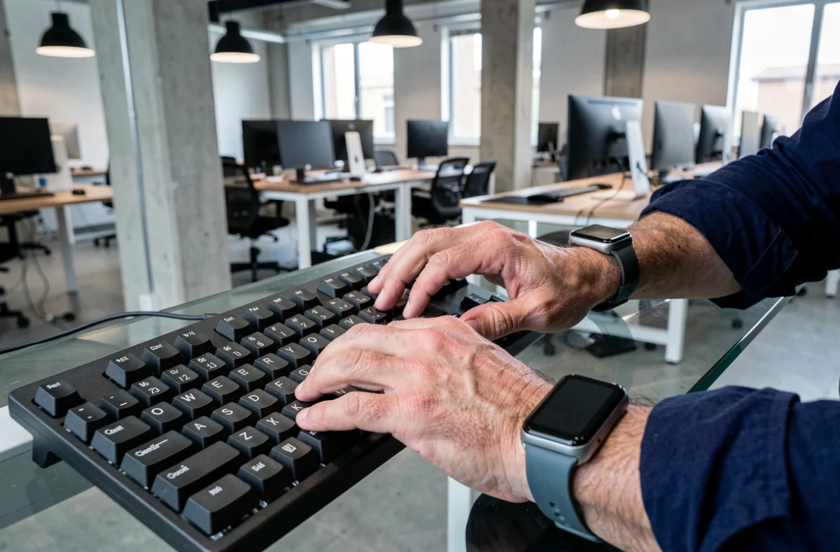 Gros plan sur des mains en train de taper sur un clavier QWERTY mécanique dans un espace de coworking contemporain, illustrant l'apprentissage du code