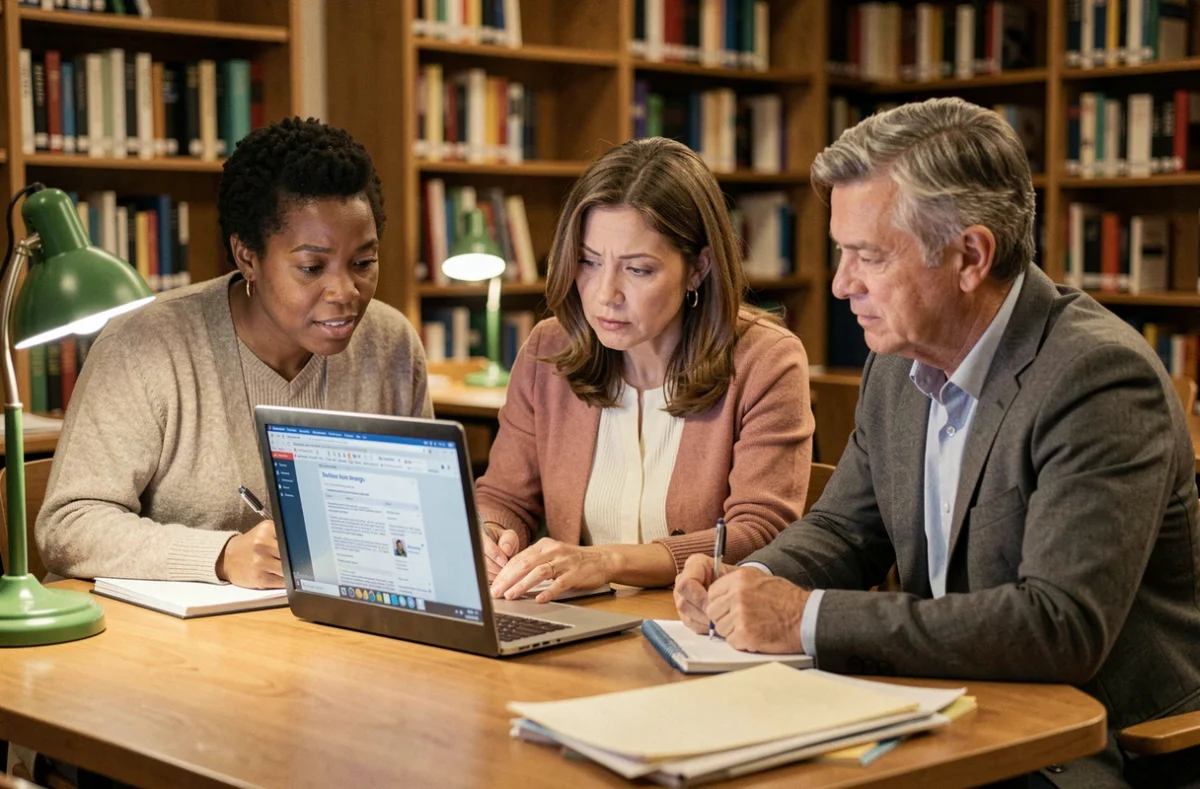 Groupe d'adultes débutants consultant un cours d'informatique en PDF sur un ordinateur portable dans une bibliothèque