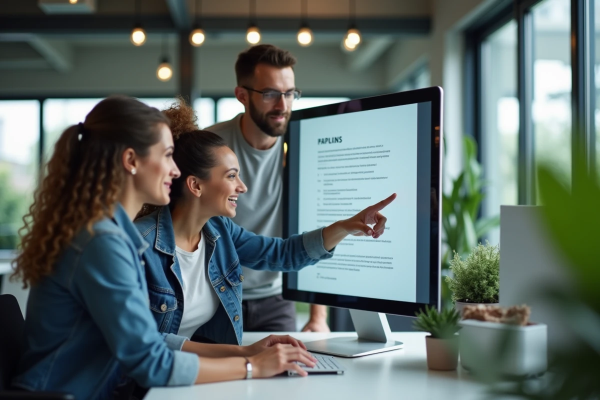 Groupe de professionnels analysant un modèle de CV généré par un outil numérique dans un espace de coworking