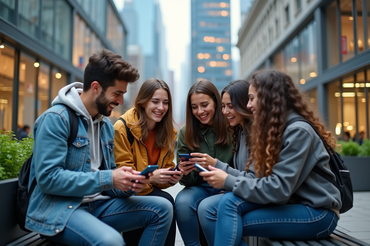 Groupe de jeunes utilisant la réalité augmentée en extérieur urbain