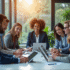Groupe de professionnels IT collaborant autour d'un bureau lumineux