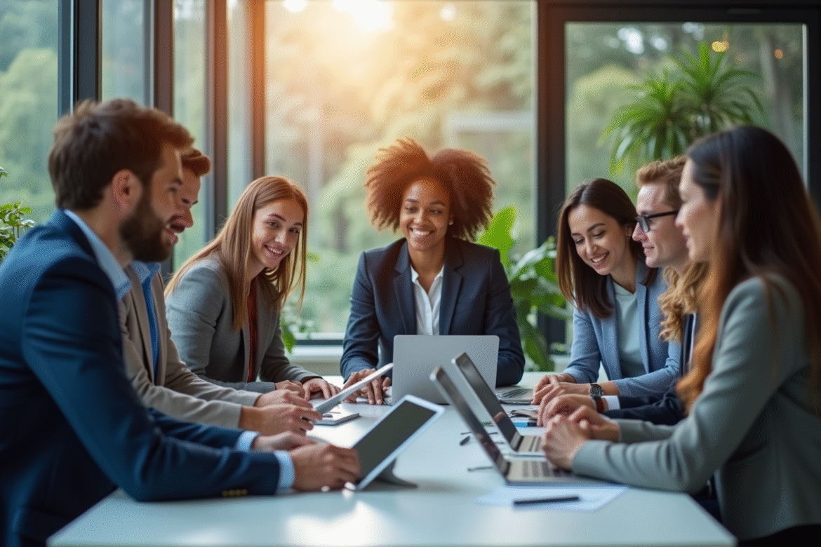 Groupe de professionnels IT collaborant autour d'un bureau lumineux