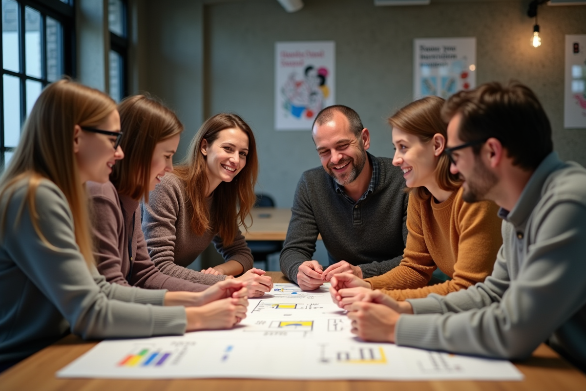 Groupe divers de chercheurs UX discutant prototypes papier