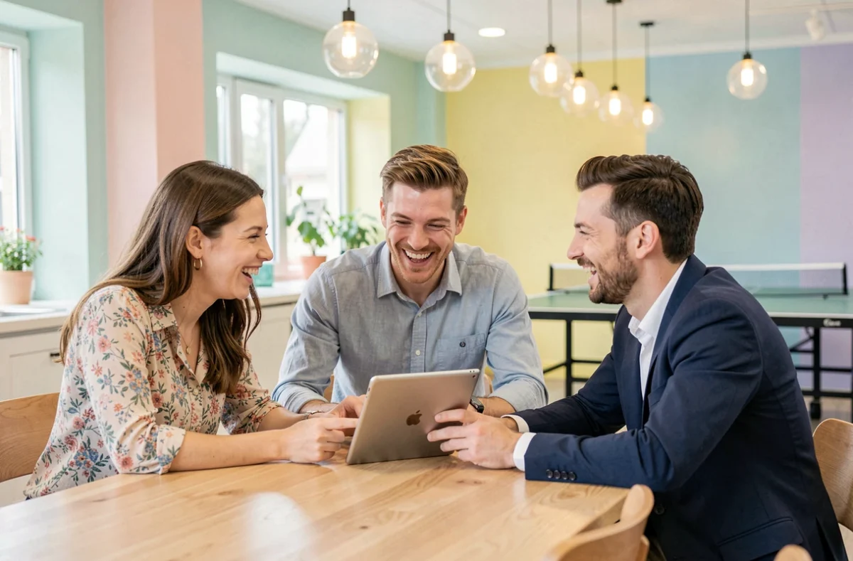 Équipe joviale de Hello Pomelo collaborant dans un espace de travail moderne et coloré