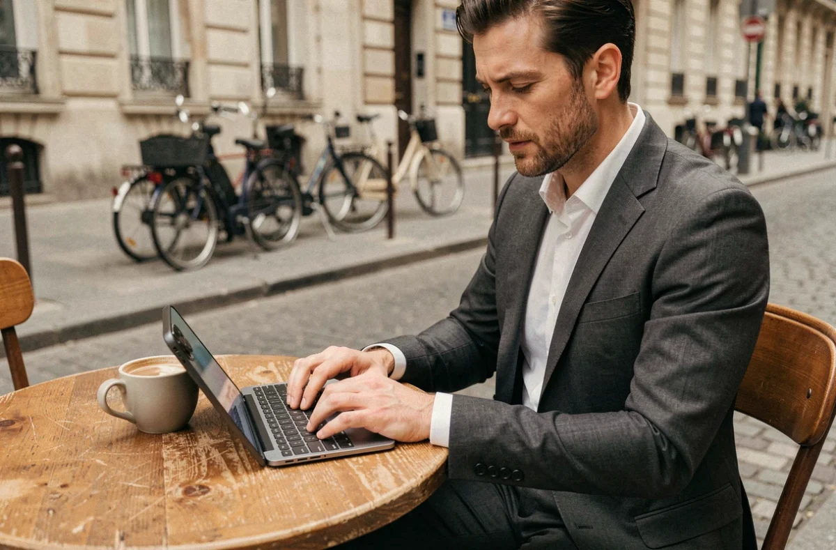 Homme d'affaires travaillant en mobilité avec un smartphone haut de gamme dans un café parisien