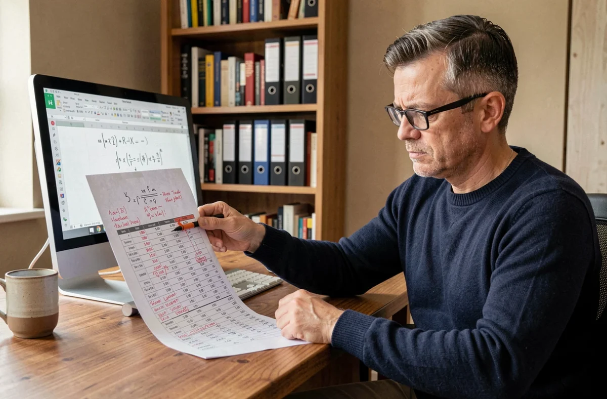 Homme analysant une feuille de calcul imprimée avec annotations rouges pour corriger une moyenne pondérée Excel