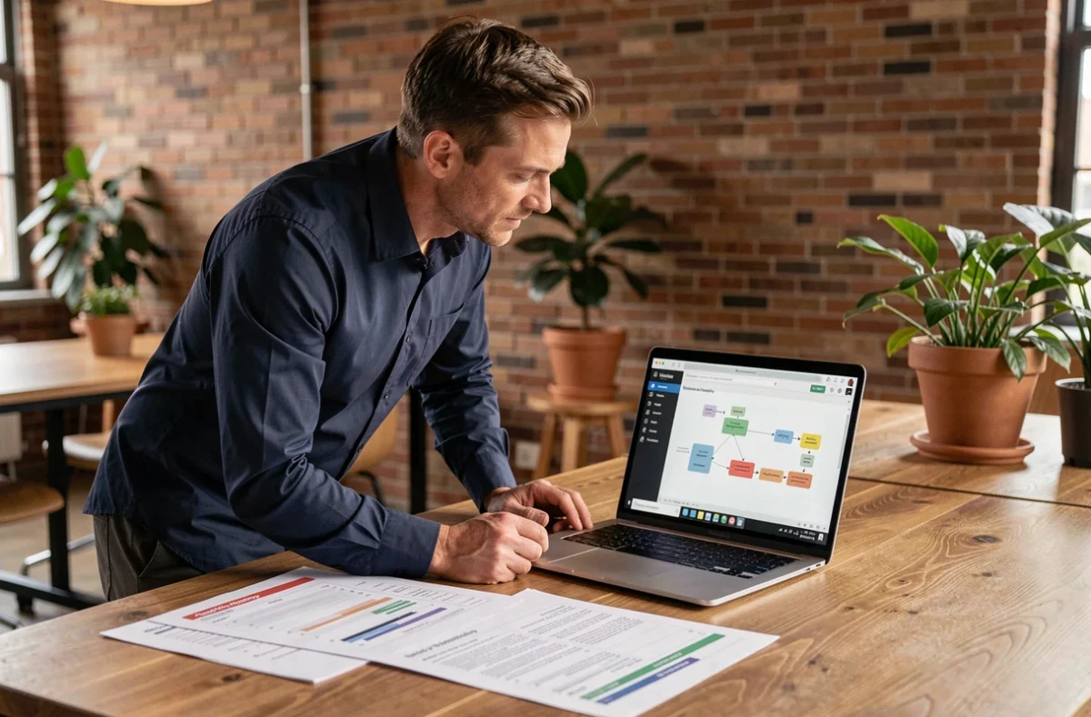 Homme analyste debout à un bureau coworking travaillant sur l'automatisation de rapports mensuels avec un outil BI