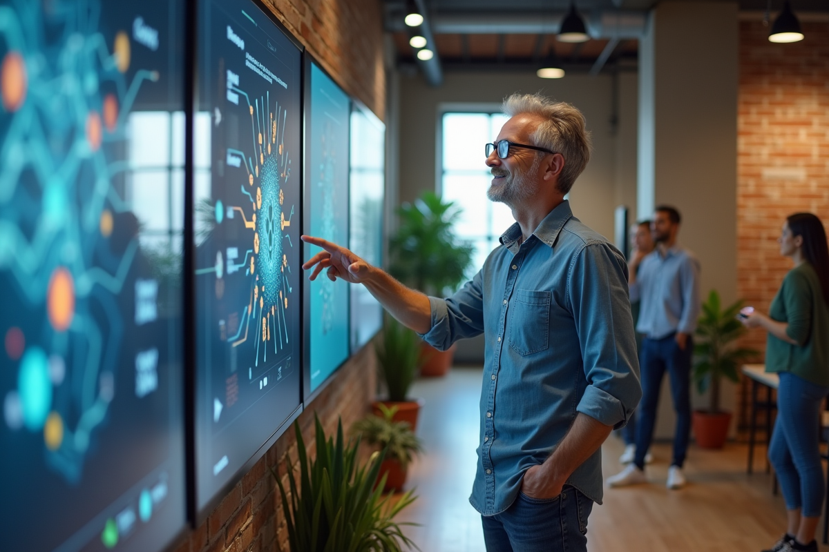 Homme d age moyen montre des visuels marketing à ses collègues