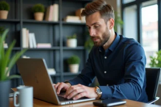Jeune homme professionnel connectant un disque dur à son ordinateur