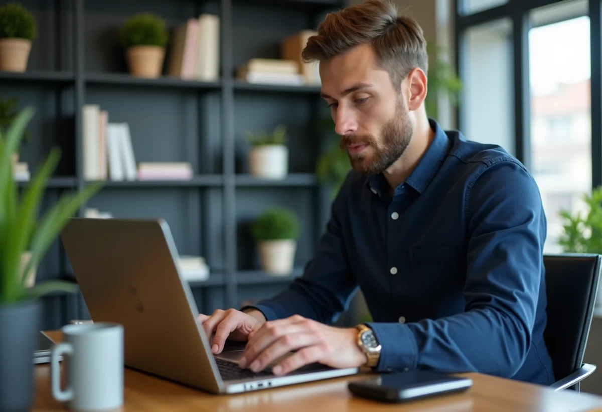 Jeune homme professionnel connectant un disque dur à son ordinateur