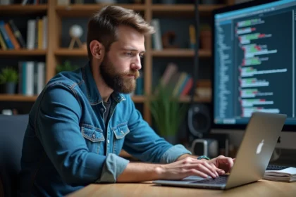 Homme barbu travaillant sur son ordinateur dans un bureau moderne