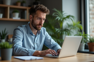 Jeune homme au bureau vérifiant un email suspect
