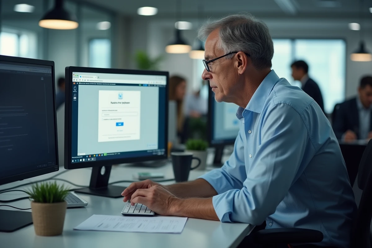 Homme en bureau cherchant à résoudre un problème de connexion à la messagerie professionnelle ia87