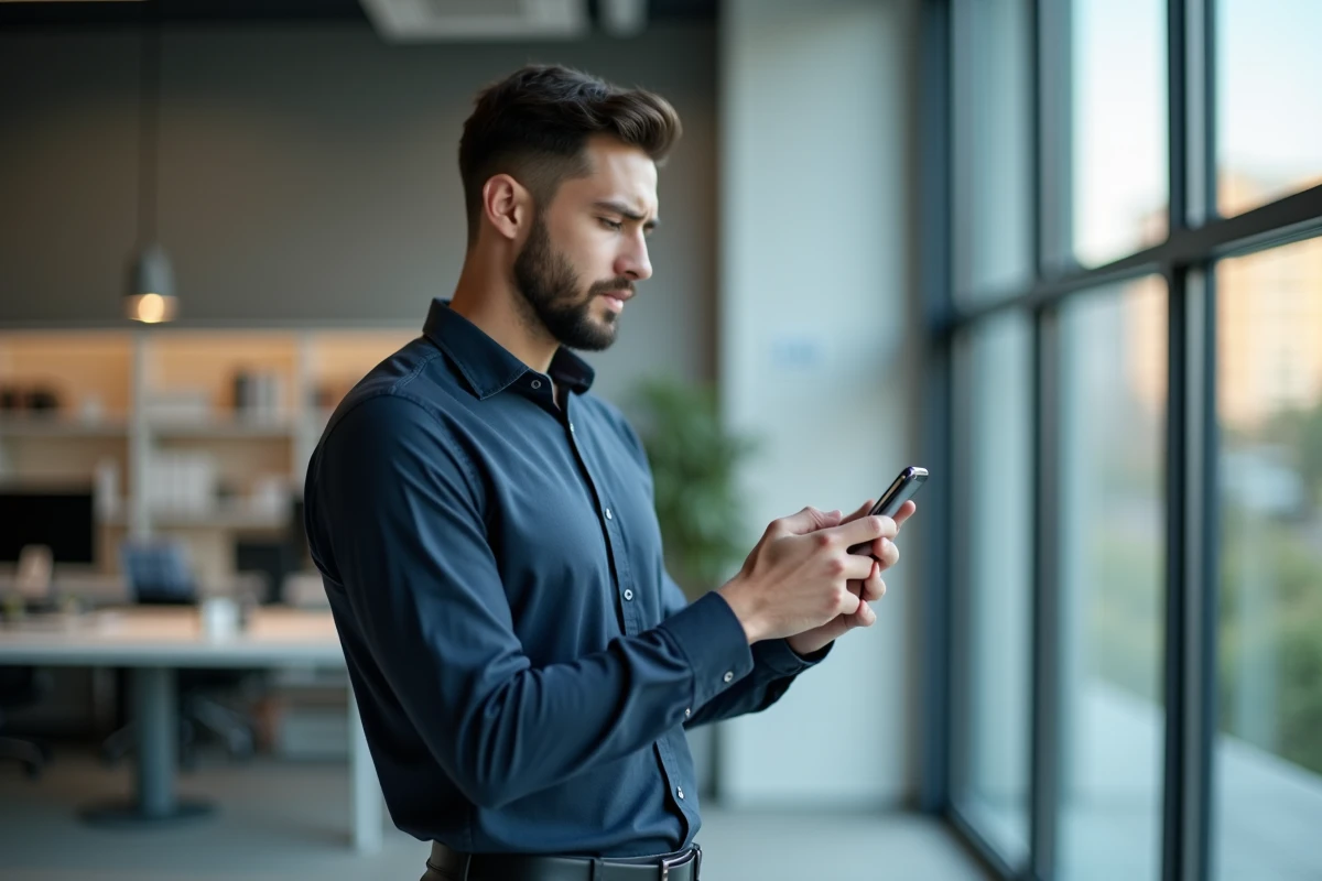 Homme en bureau utilisant WhatsApp et ChatGPT pour des réponses vocales automatiques sur smartphone