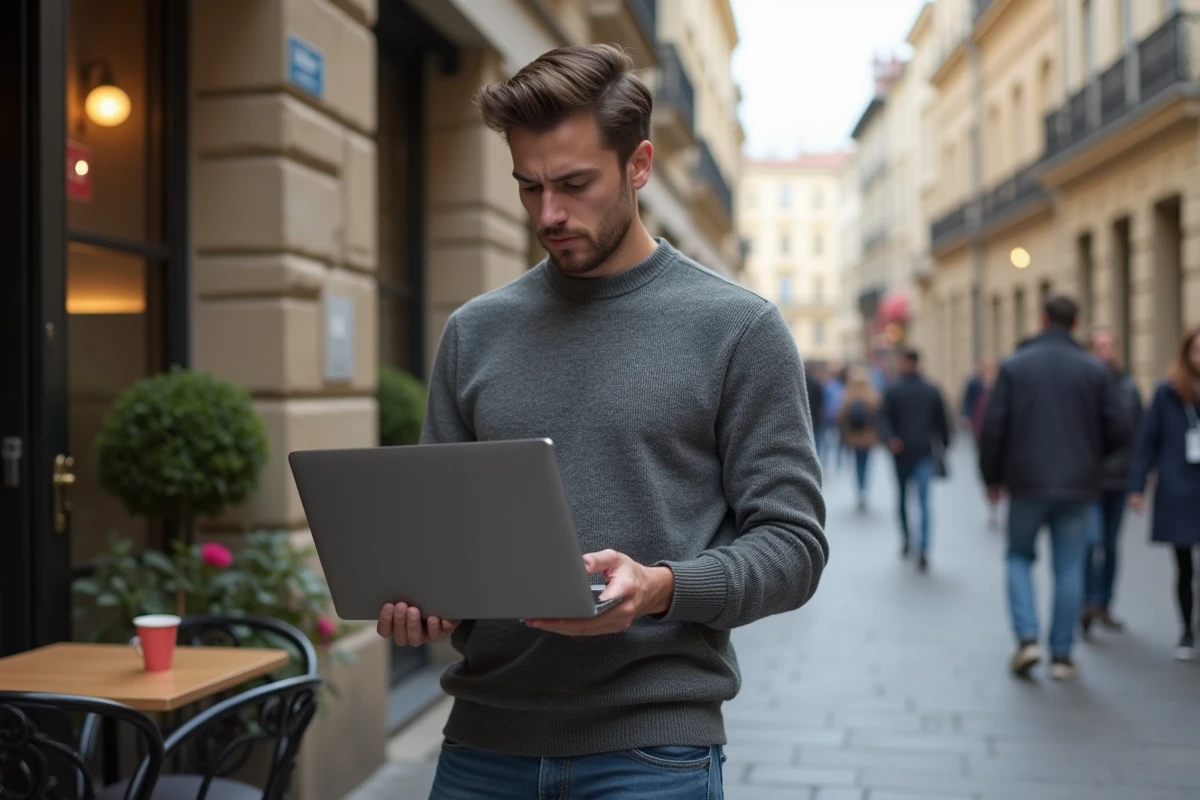 Jeune homme fâché utilisant son ordinateur en terrasse de café