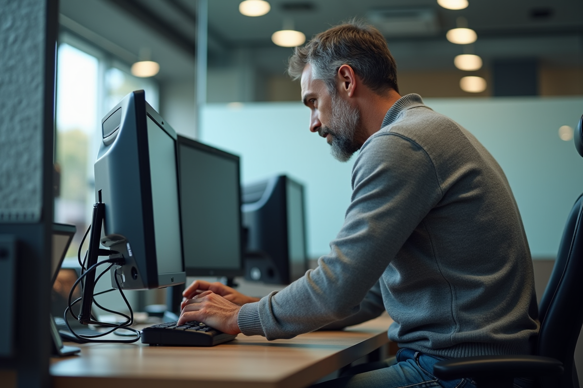 Homme branchant un disque dur à son poste de travail