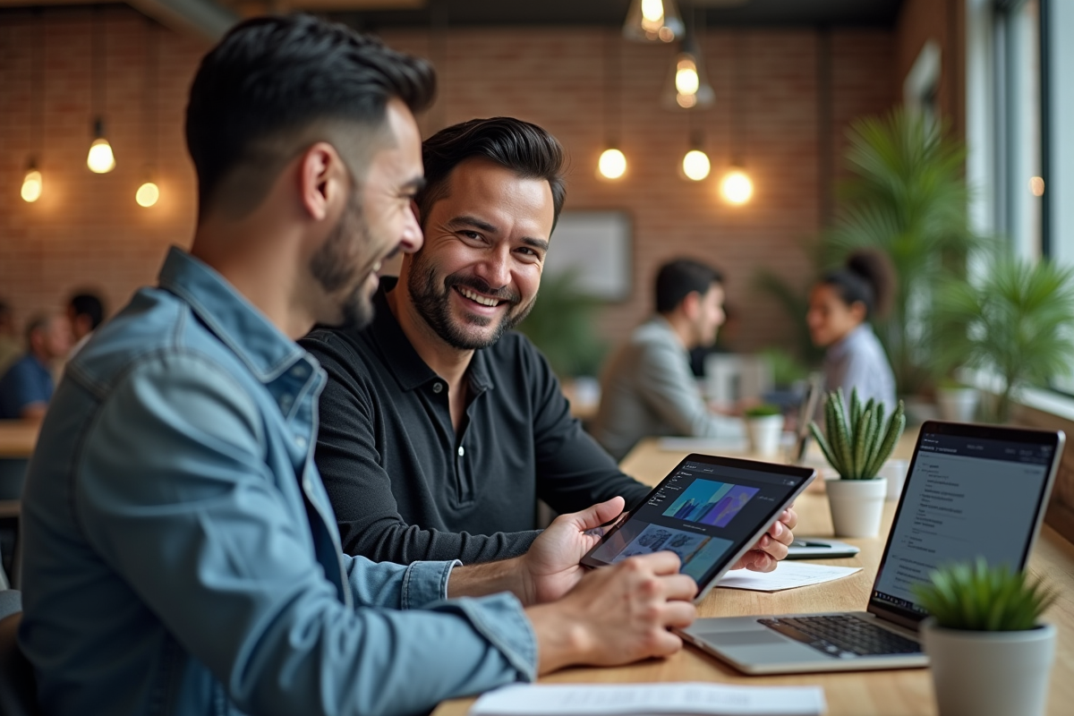 Homme montrant une tablette à un collègue dans un espace de coworking