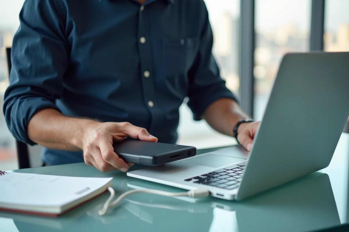 Homme connectant un disque dur externe à un ordinateur portable pour sauvegarder des fichiers Windows
