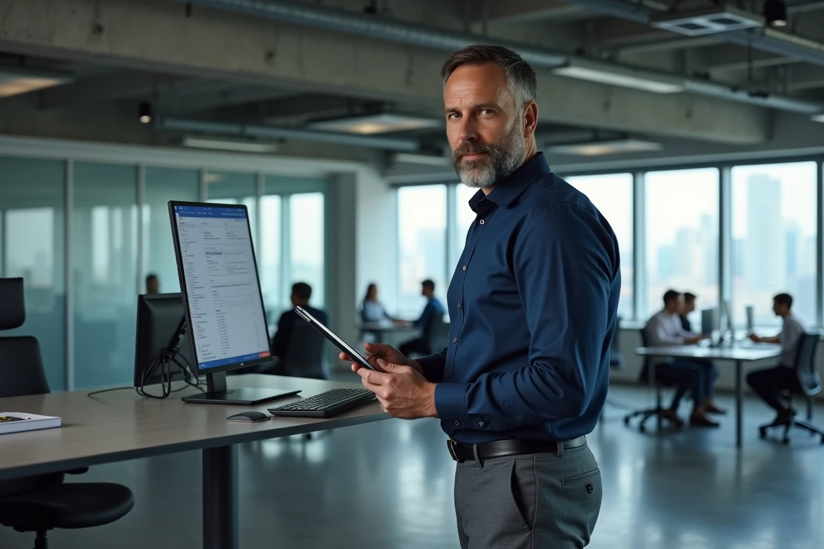 Homme en costume décontracté utilisant une tablette pour éditer un PDF en document Word dans un open space professionnel