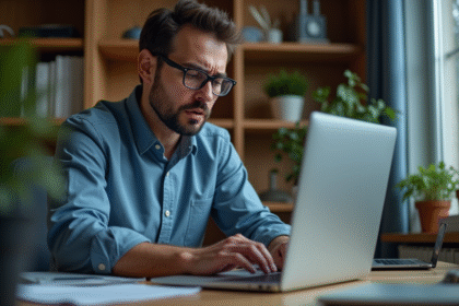 Jeune homme frustré devant un ordinateur en bureau moderne